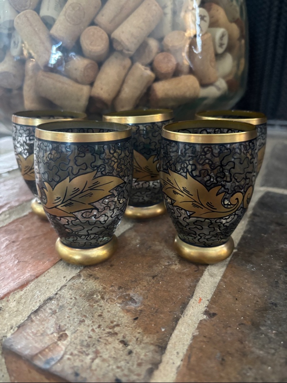 Set of 5 Decorative Black and Gold 1920’s Glasses